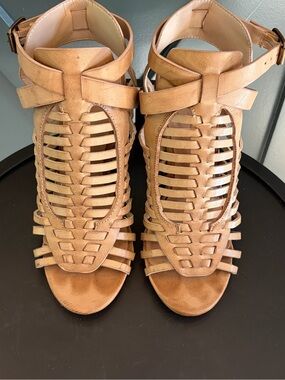 BAMBOO Woven Strappy Tan High Heel Sandals